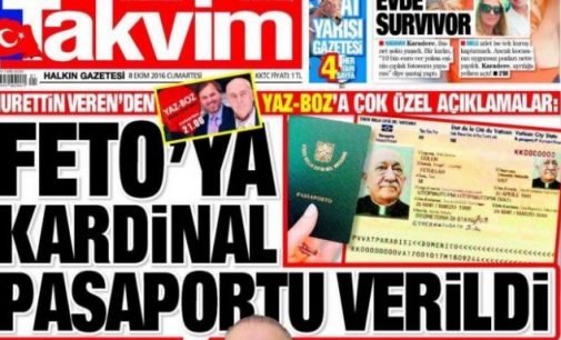 Jornal pró-governo alega com imagem editada que Gulen tem passaporte do Vaticano