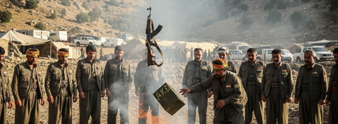 Militantes curdos do PKK queimam suas armas em cerimônia simbólica no Iraque